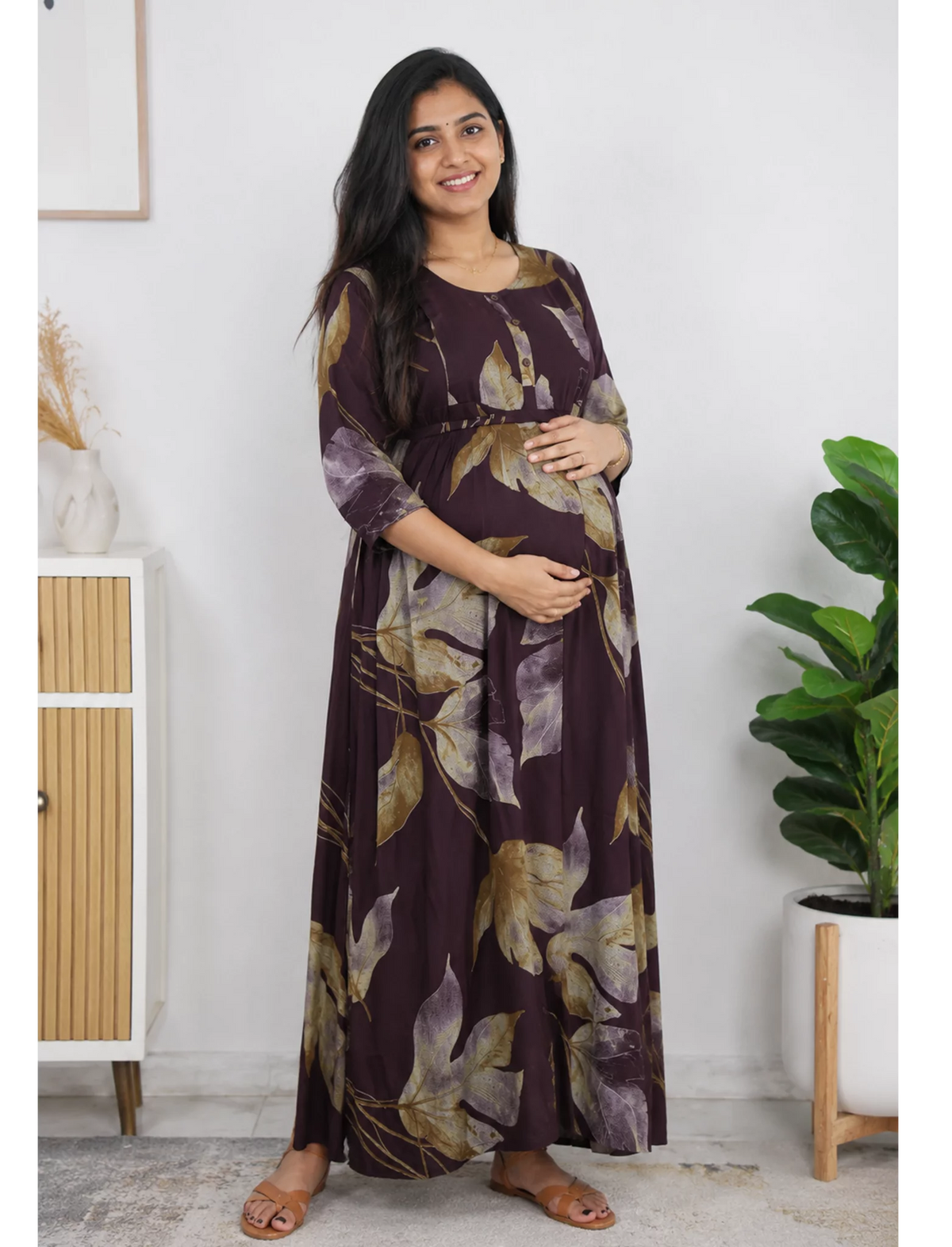 Bold Leaf Print Rayon Maternity Feeding Frock with Wait Rope - Mangai Nighties