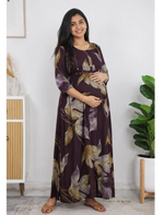 Bold Leaf Print Rayon Maternity Feeding Frock with Wait Rope - Mangai Nighties