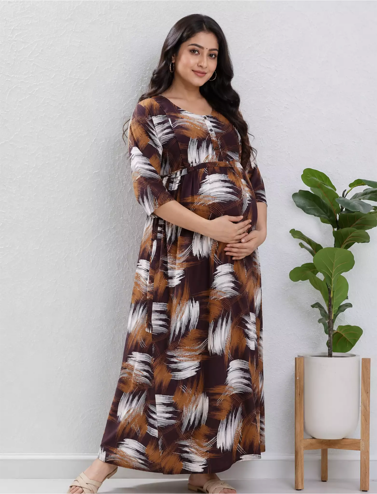 Brown Rayon Feeding Nighty Front Zip - Mangai Nighties