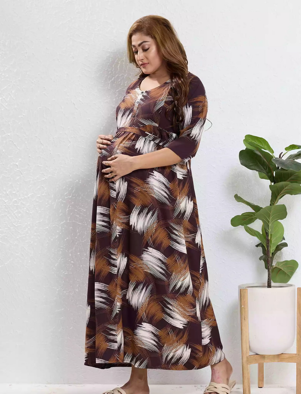 Brown Rayon Feeding Long Frock - Mangai Nighties