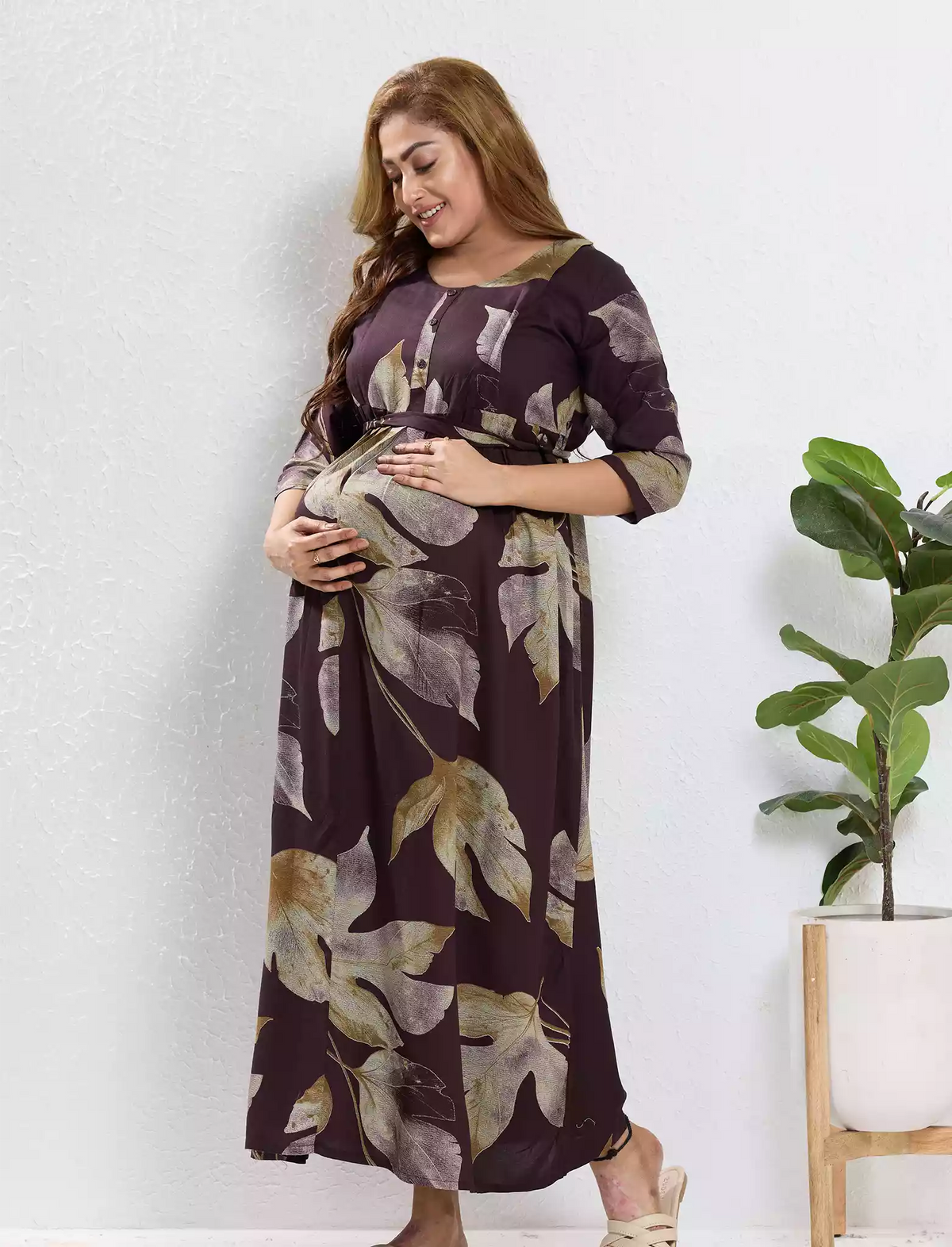Brown Rayon Feeding Long Frock - Mangai Nighties