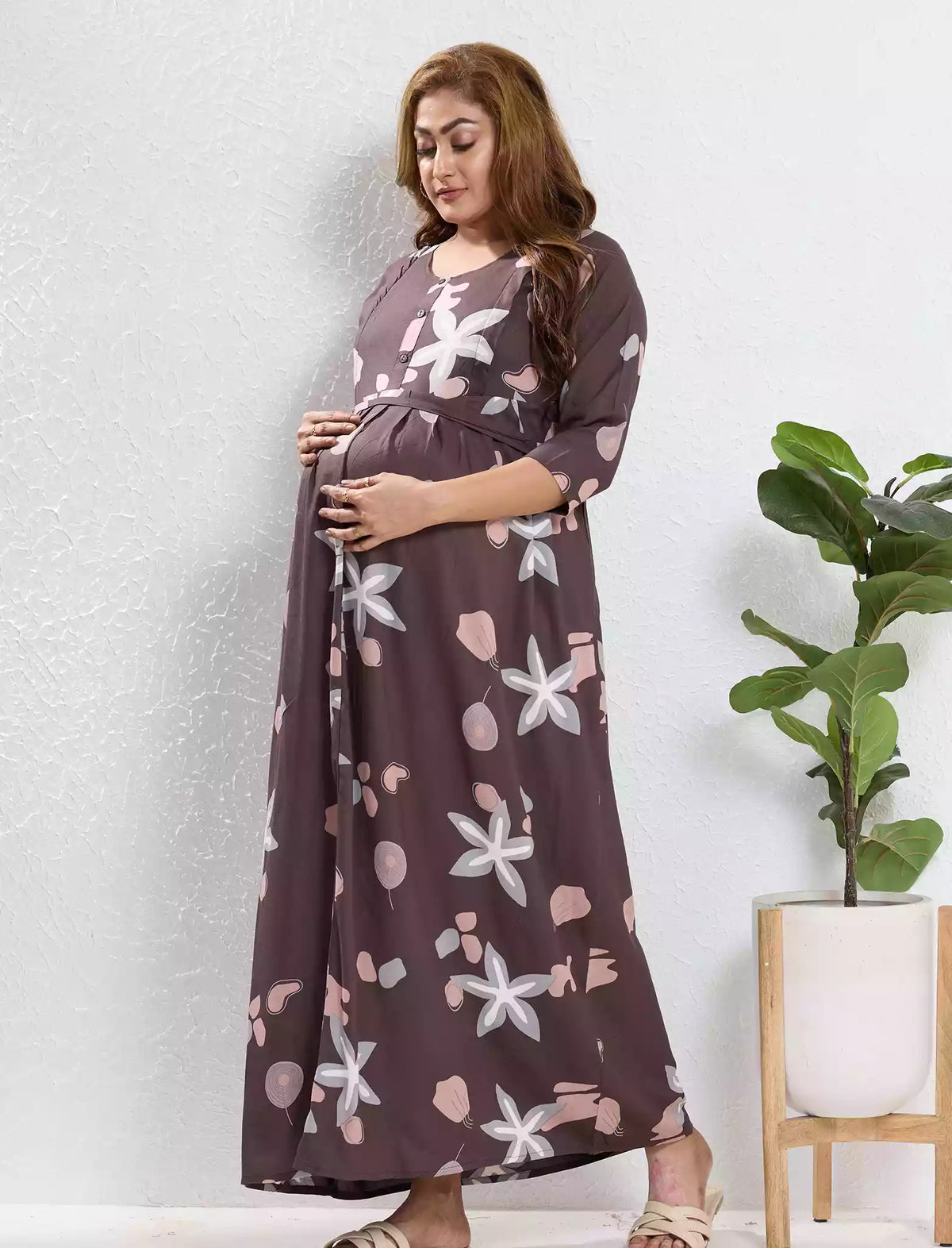 Coffee Brown Rayon Feeding Long Frock - Mangai Nighties