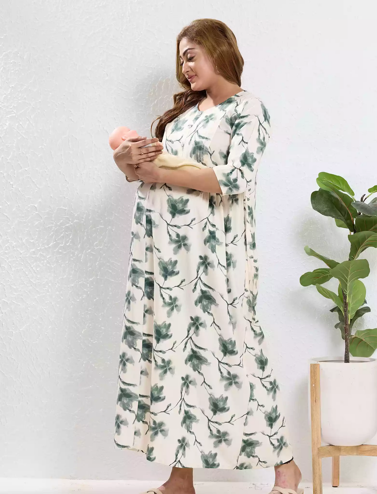 Cream Rayon Feeding Long Frock - Mangai Nighties
