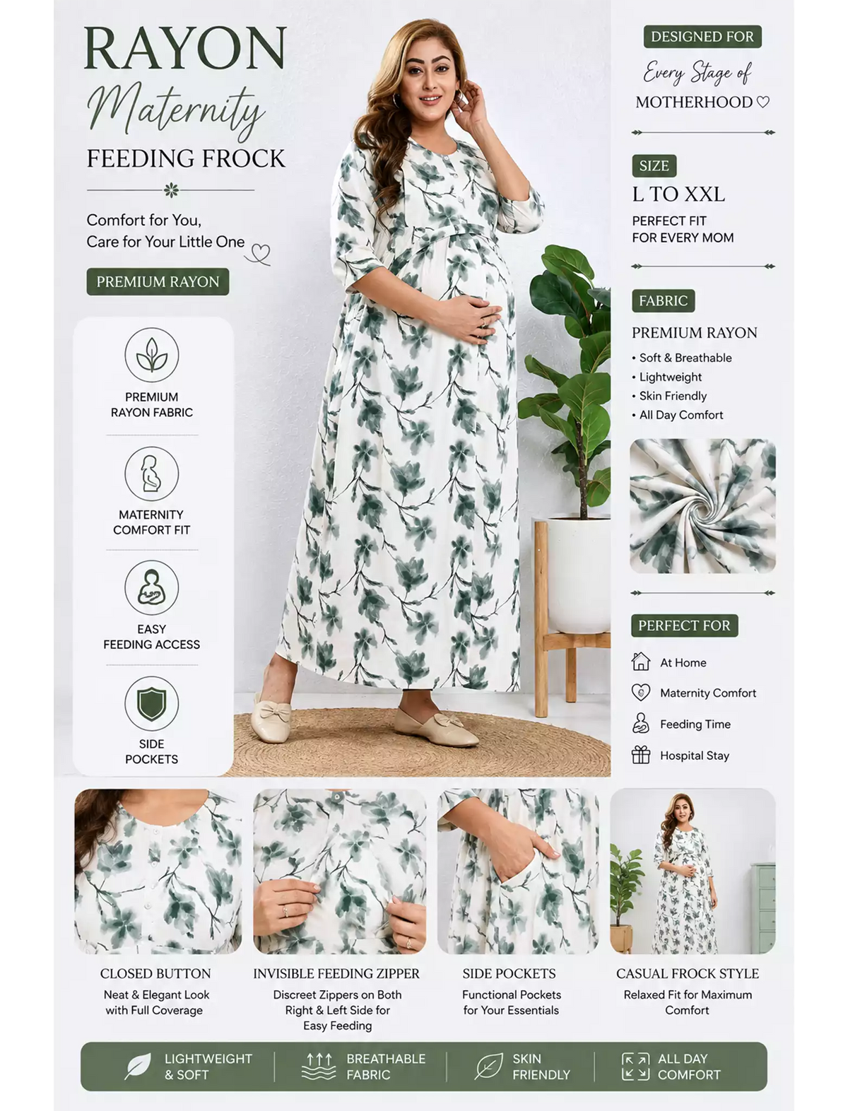 Rayon Feeding Maternity Long Frock - Mangai Nighties