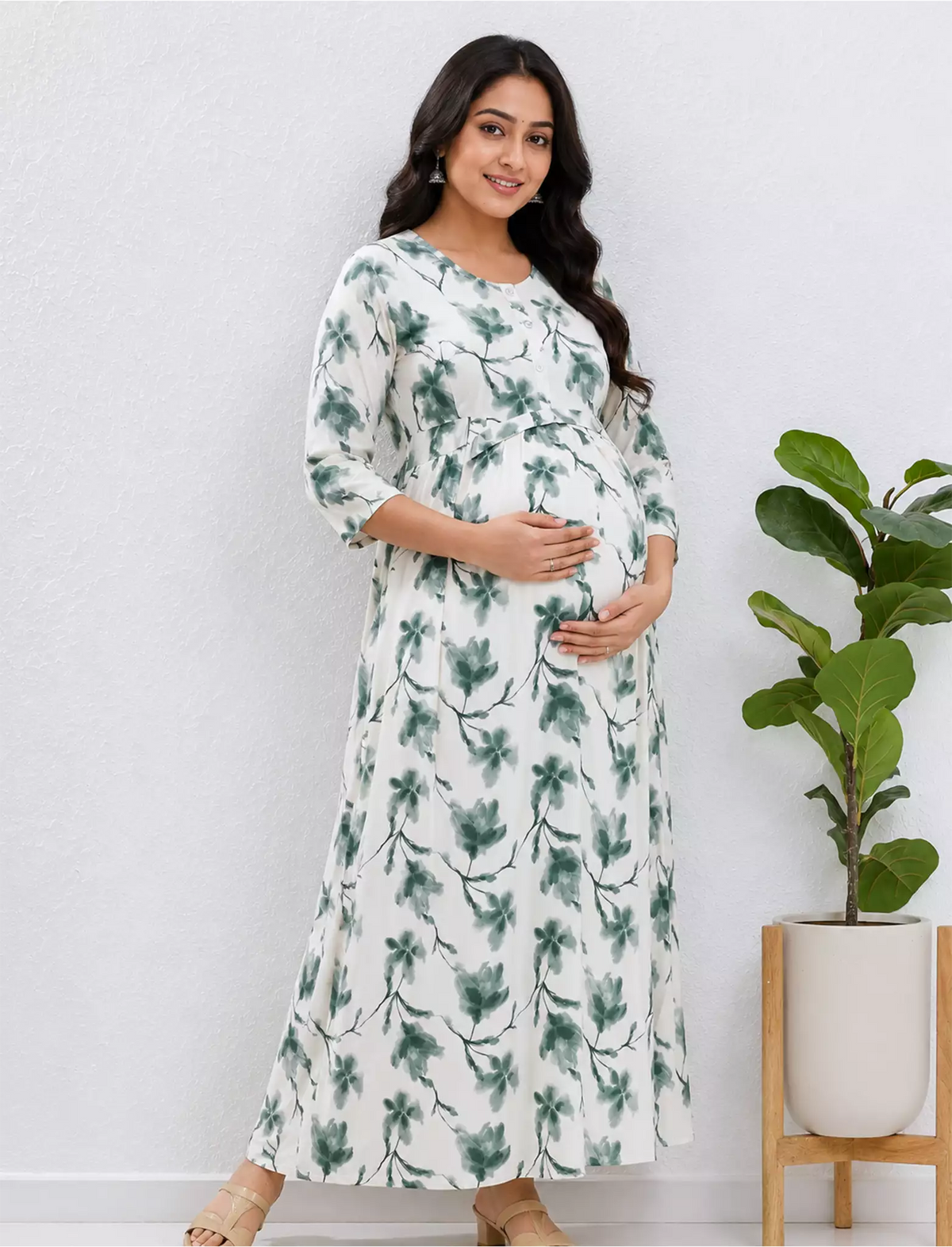 Green Rayon Feeding Nighty Front Zip - Mangai Nighties