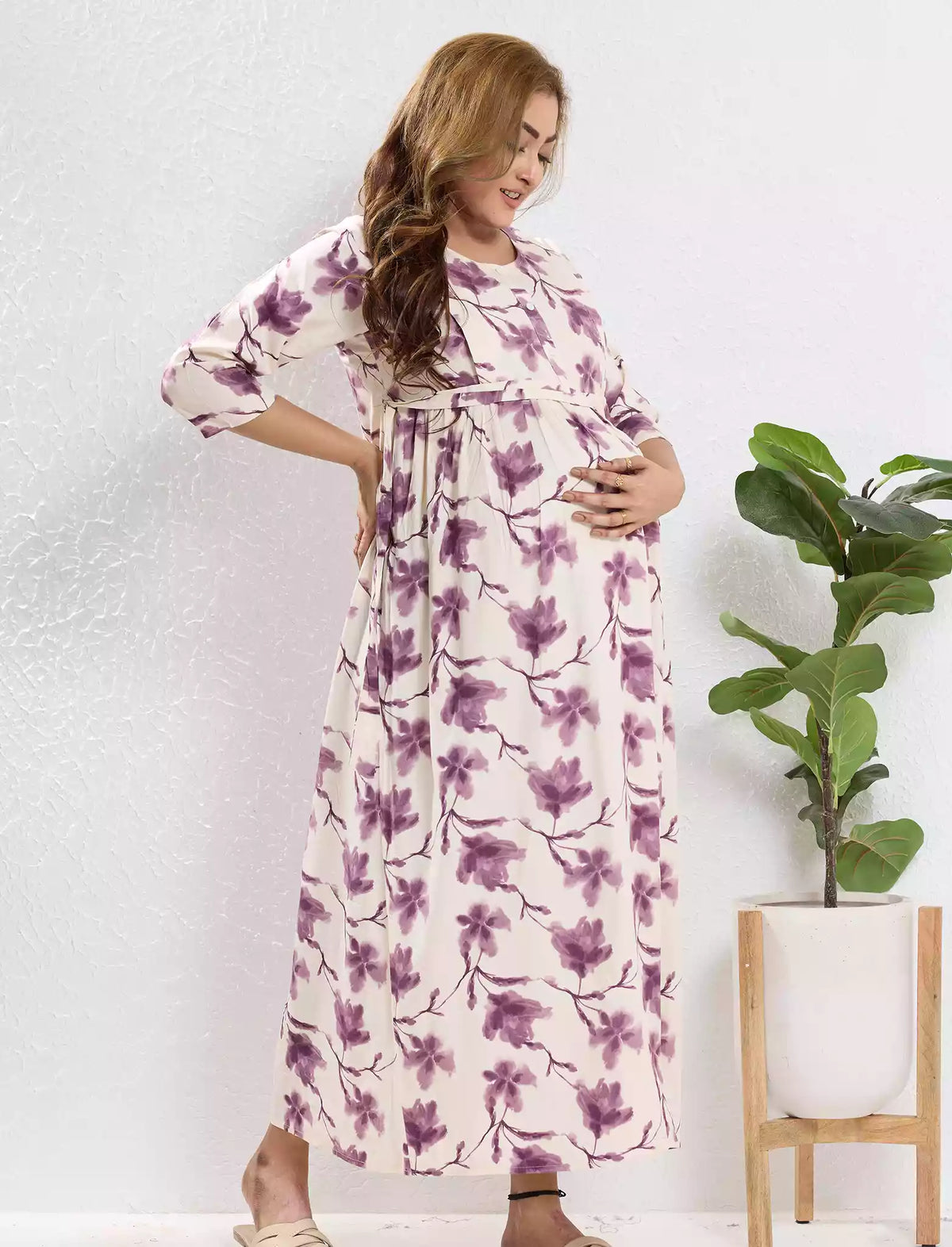 Lavender Rayon Feeding Nighty Front Zip - Mangai Nighties