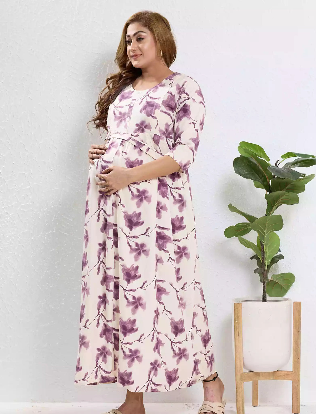 Lavender Rayon Feeding Long Frock - Mangai Nighties