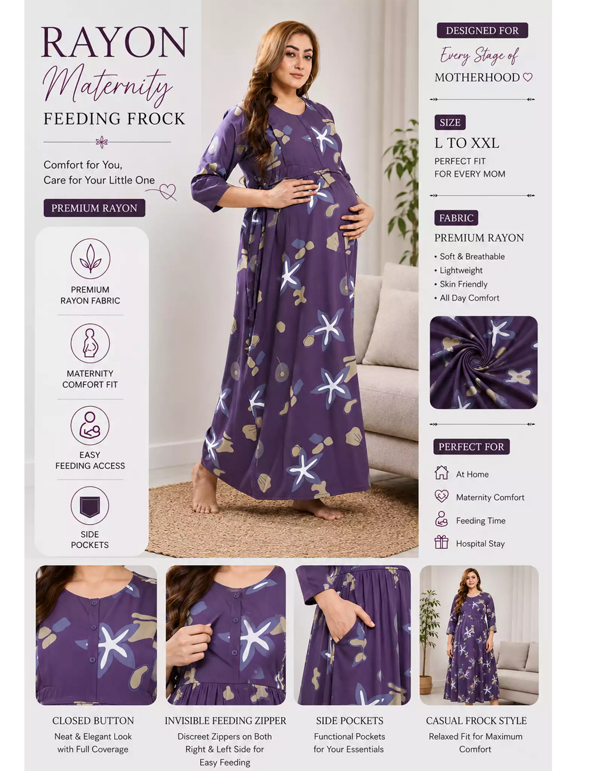 Rayon Feeding Maternity Long Frock - Mangai Nighties