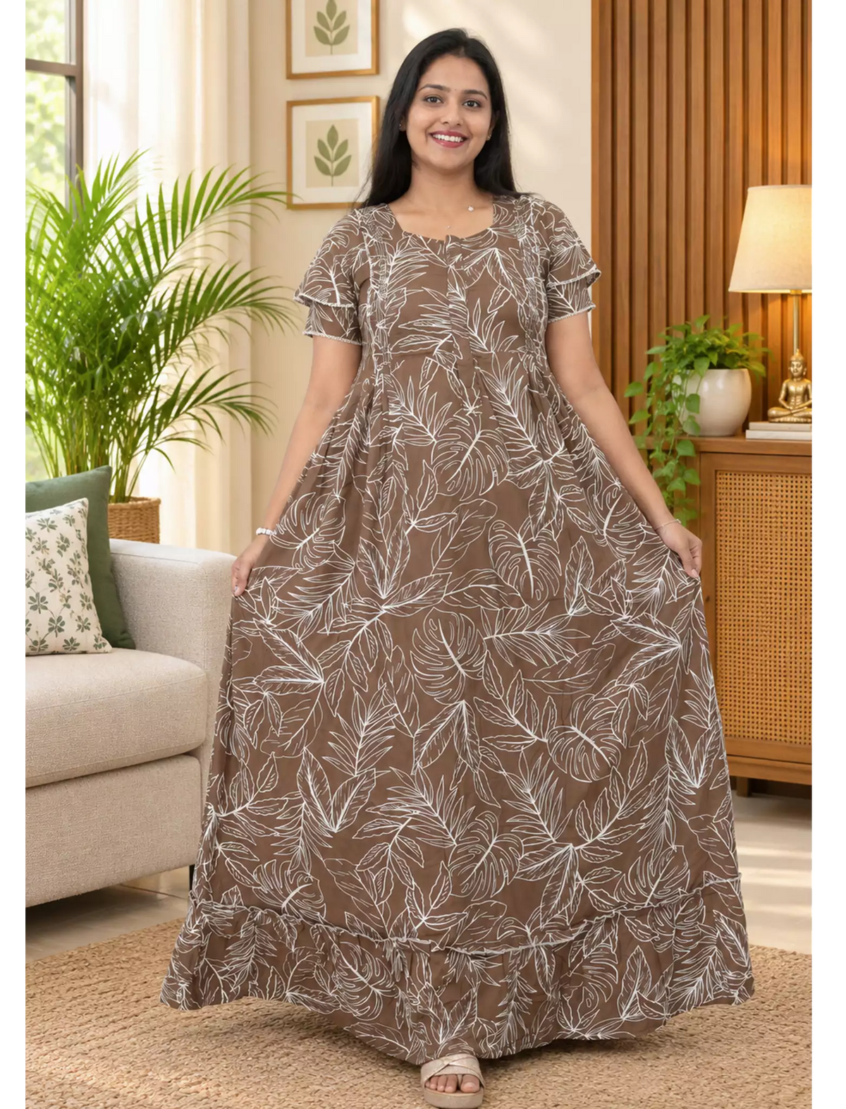 Tropical Monstera Rayon Feeding Frock with Front Open Zipper- Mangai Nighties