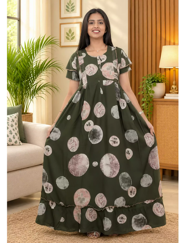 Sage Green Marble Circle Print Rayon Front Zipper Feeding Frock - Mangai Nighties