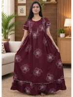 Maroon Floral Outline Print Rayon Front Zipper Feeding and Casual Full Frock - Mangai Nighties