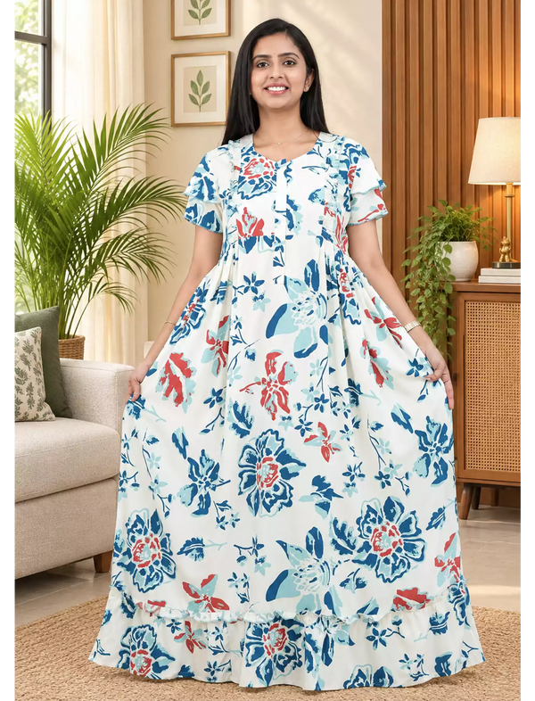 Cream White Vintage Floral Rayon Front Zipper Feeding Full Frock - Mangai Nighties