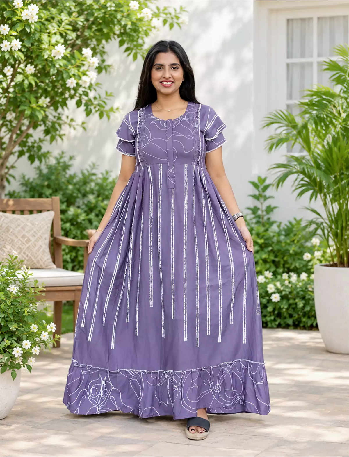 Rayon Stripe Print Feeding Maternity Frock with Zip | Mangai Nighties