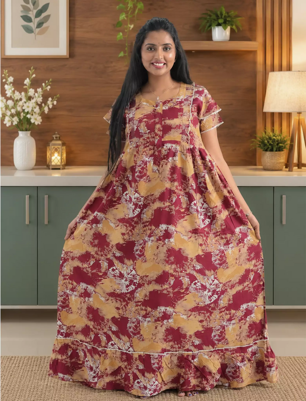 Honey Gold Shibori Print Rayon Feeding Frock  with Double Layer Sleeves - Mangai Nighties