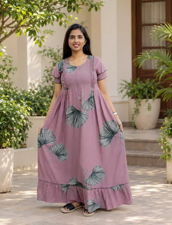 Rayon Leaf Print Feeding Frock With Zipper | Mangai Nighties
