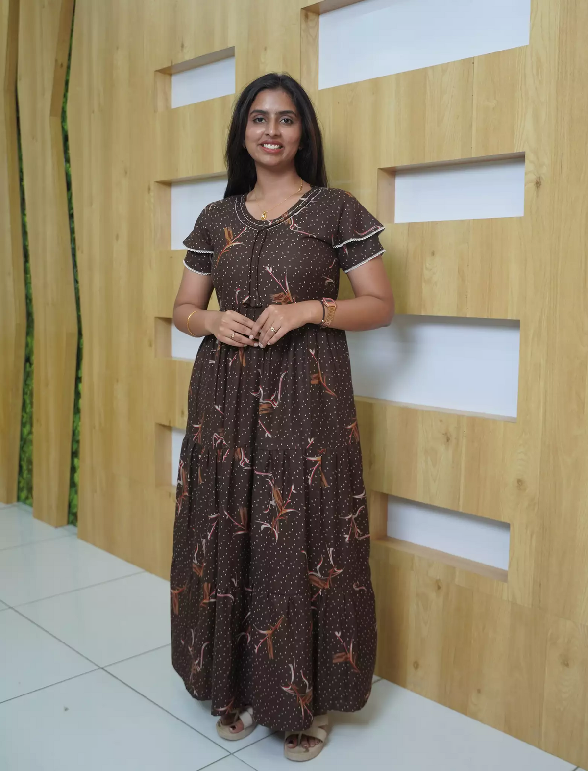 Alpine Floral Print Double Layer Sleeve Frock Style with Back Tie - Mangai Nighties