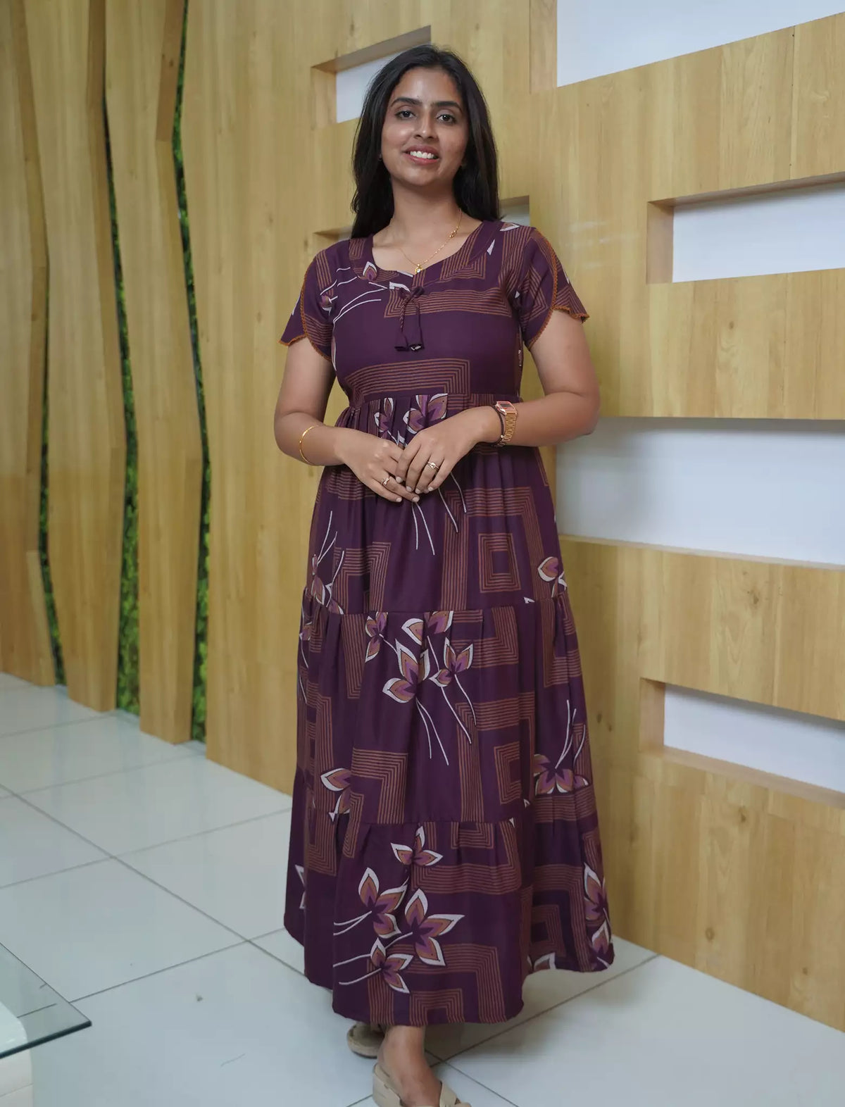 Alpine Geometric Floral Print 3-Layer Flutter Sleeve - Mangai Nighties