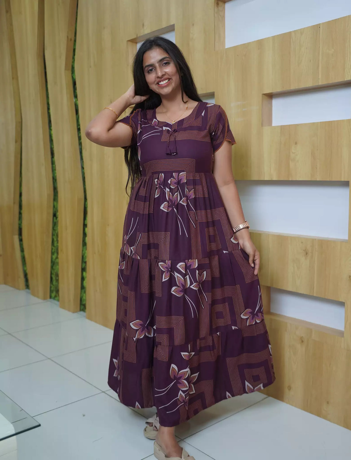 Alpine Geometric Floral Print 3-Layer Flutter Sleeve - Mangai Nighties