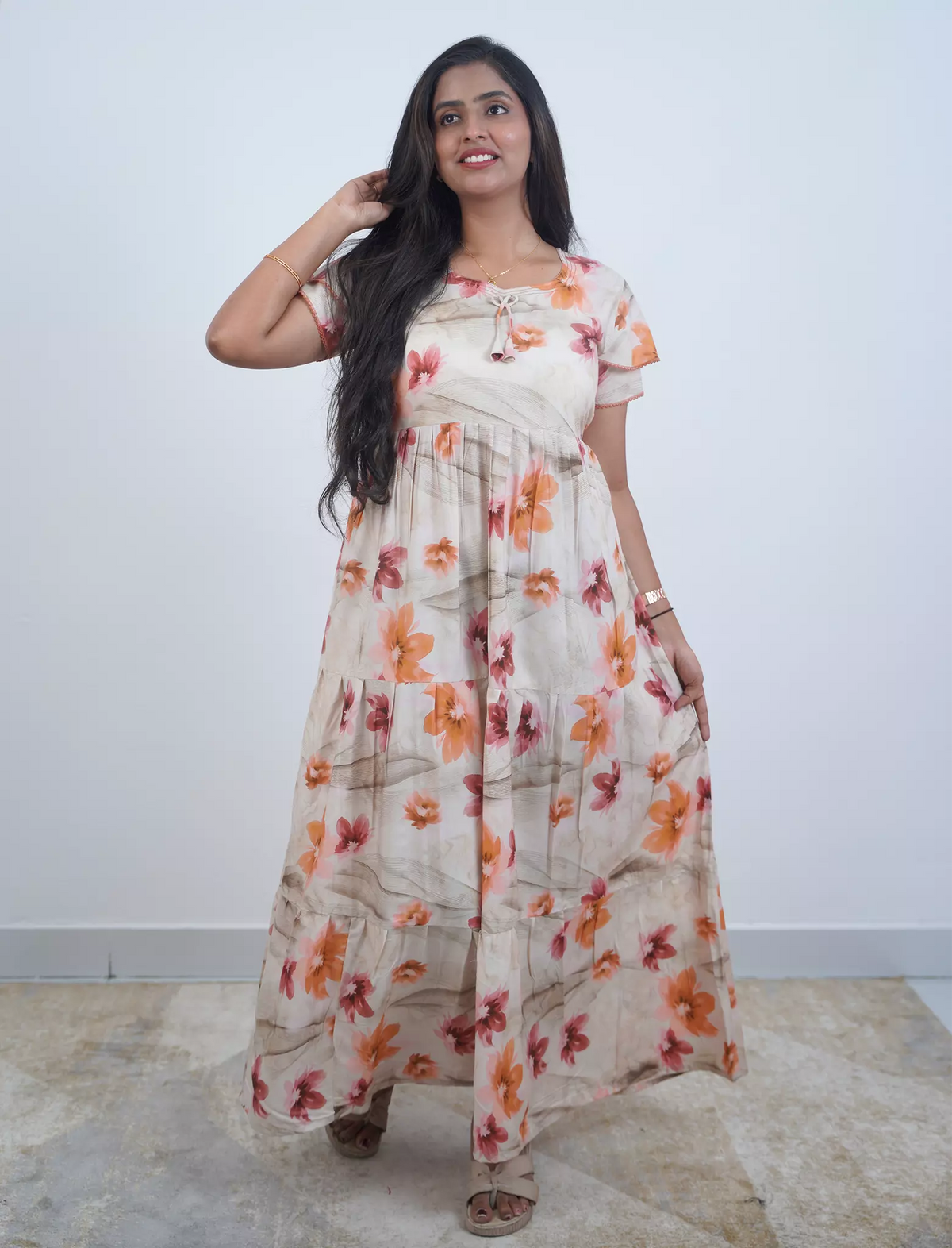 Rayon Floral Print 3 Layer Frock with Back Tie & Side Pocket | Mangai Nighties