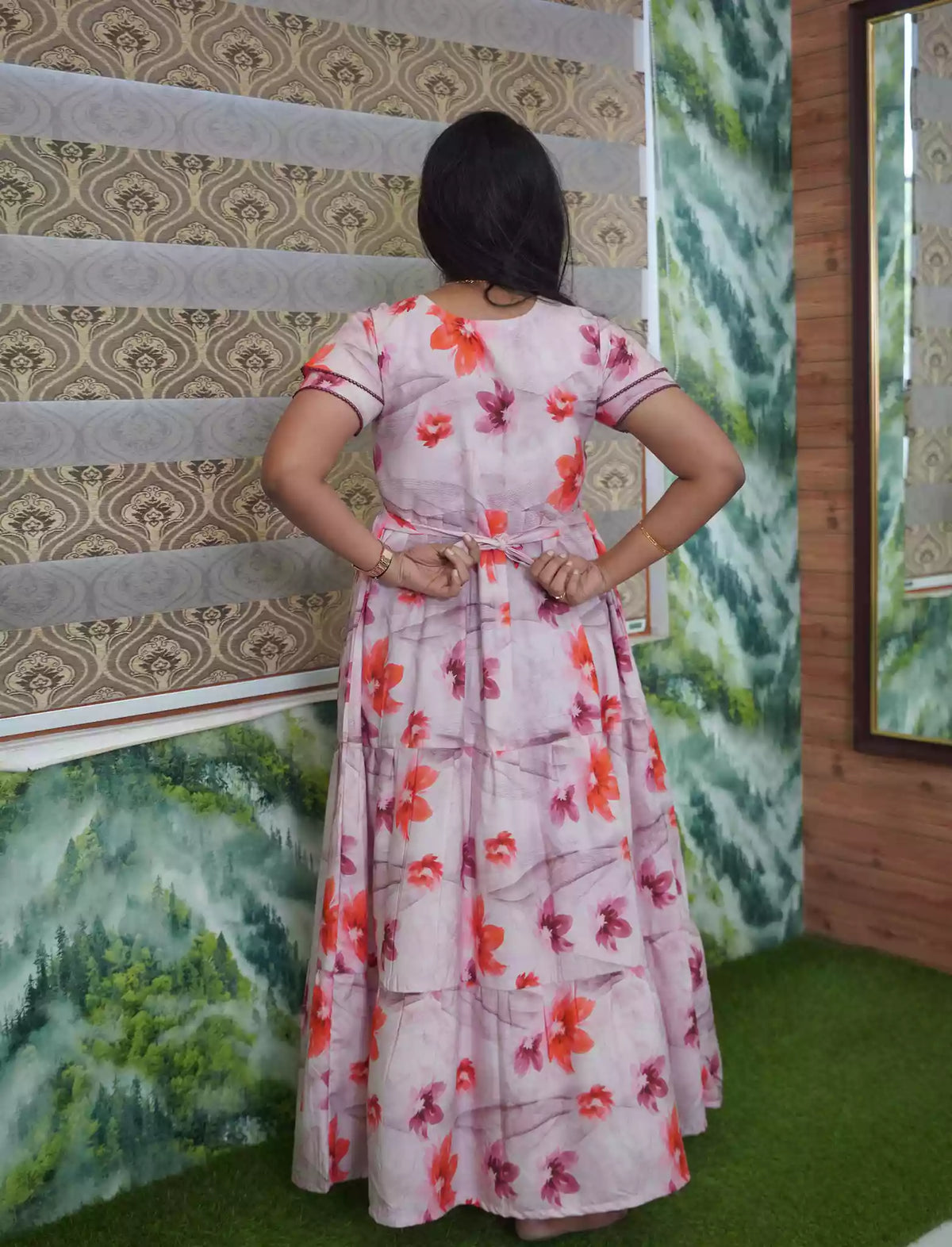 Rayon Floral Print 3 Layer Frock with Back Tie & Side Pocket | Mangai Nighties