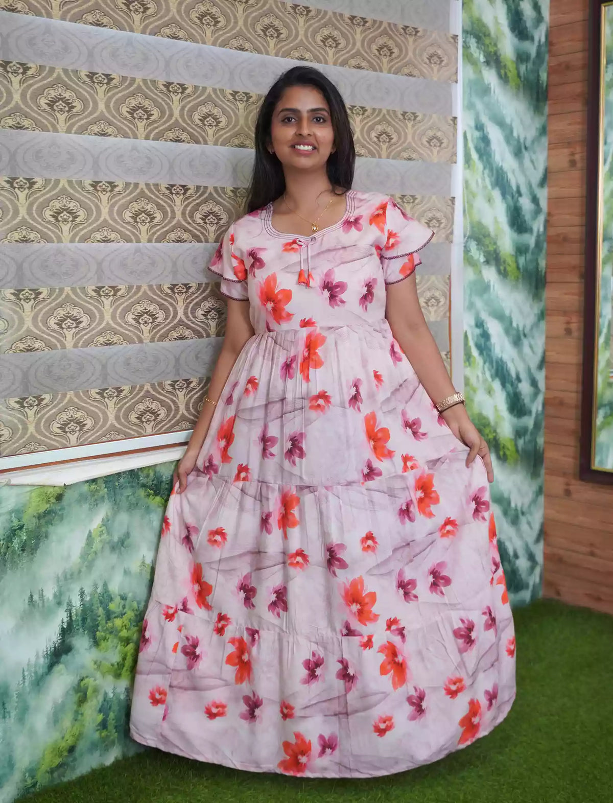 Rayon Floral Print 3 Layer Frock with Back Tie & Side Pocket | Mangai Nighties