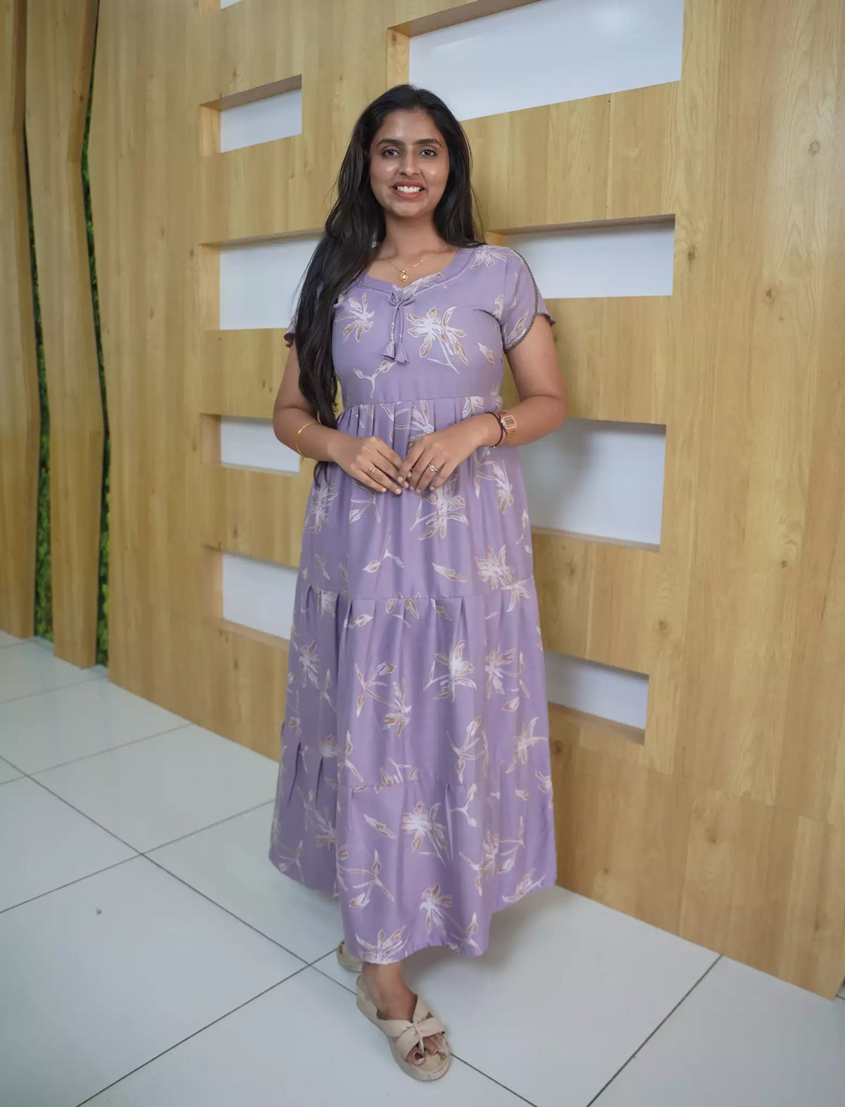 Alpine Floral Botanical Print 3-Layer Frock with Petal Sleeves - Mangai Nighties