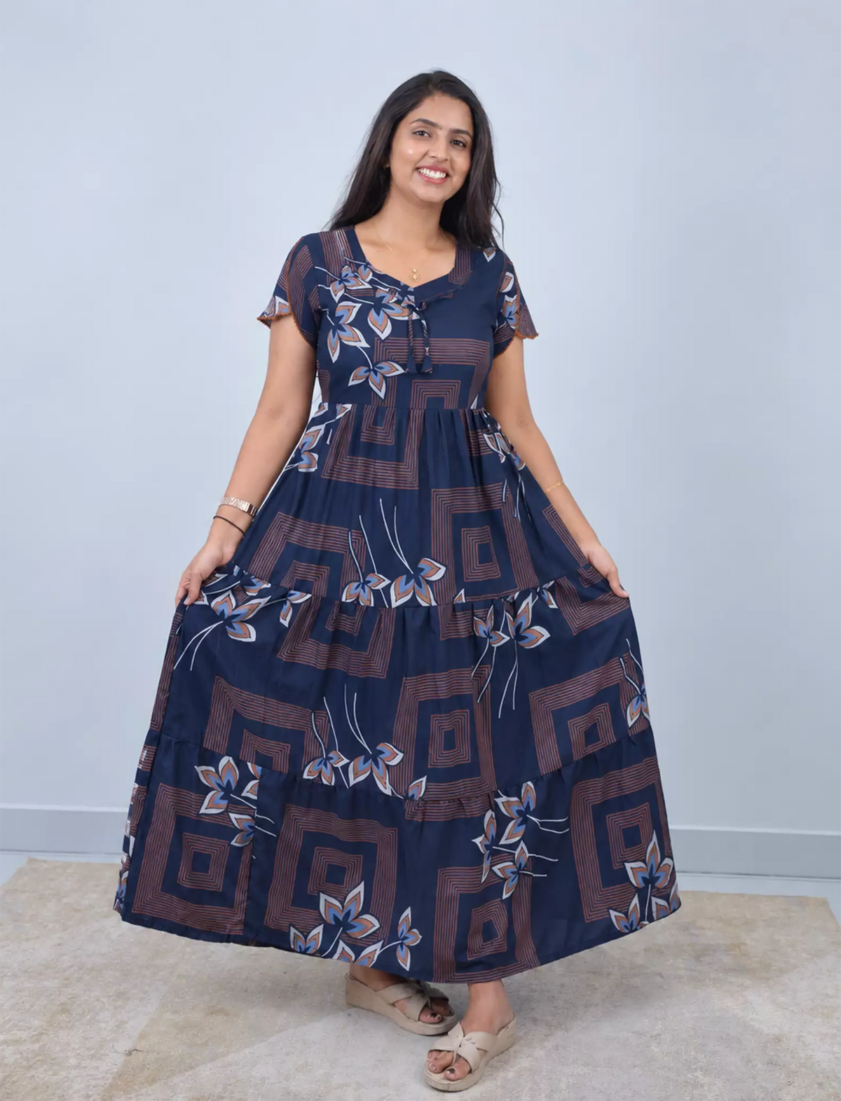 Alpine Geometric Floral Print 3-Layer Flutter Sleeve - Mangai Nighties