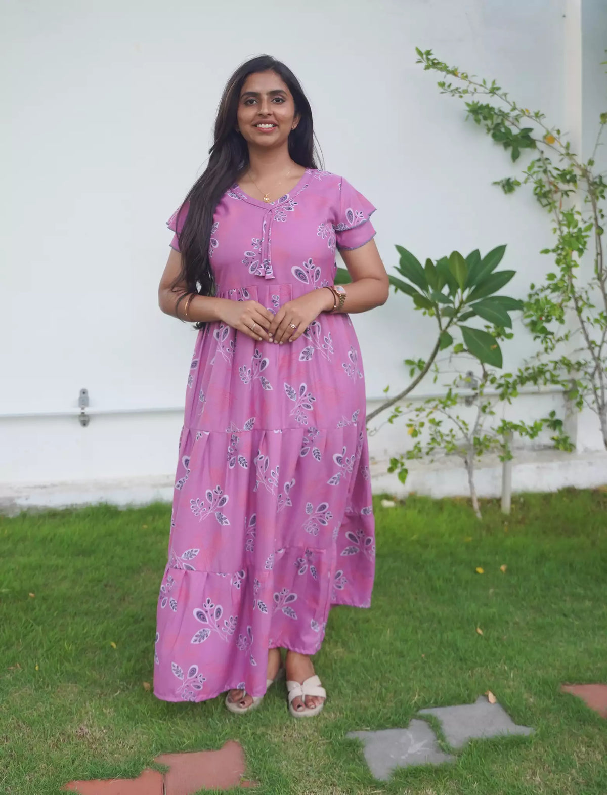 Alpine Abstract Floral Print 3-Layer Frock with Pocket - Mangai Nighties