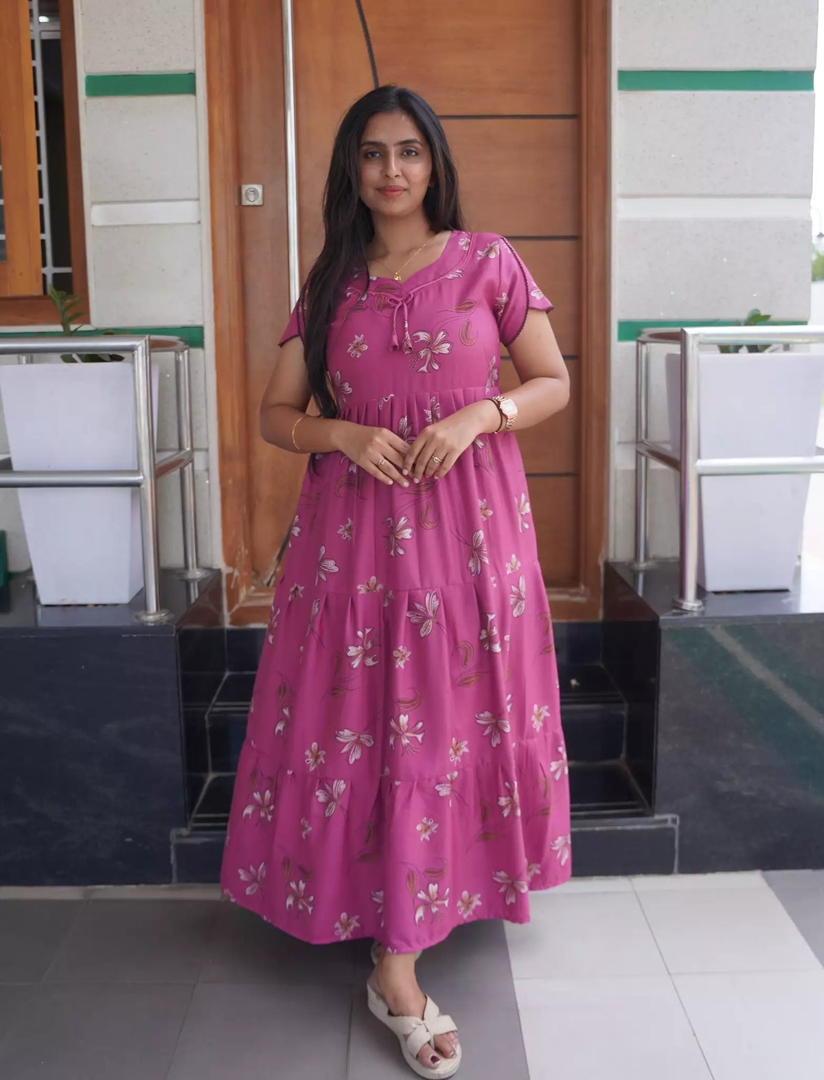 Alpine Floral Print 3-Layer Frock with Petal Sleeves - Mangai Nighties