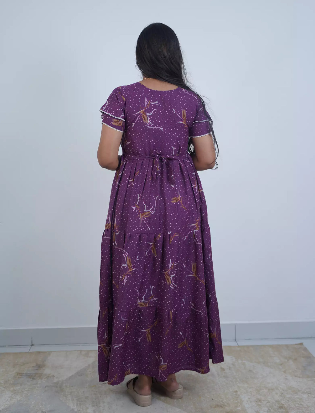 Alpine Floral Print Double Layer Sleeve Frock Style with Back Tie - Mangai Nighties