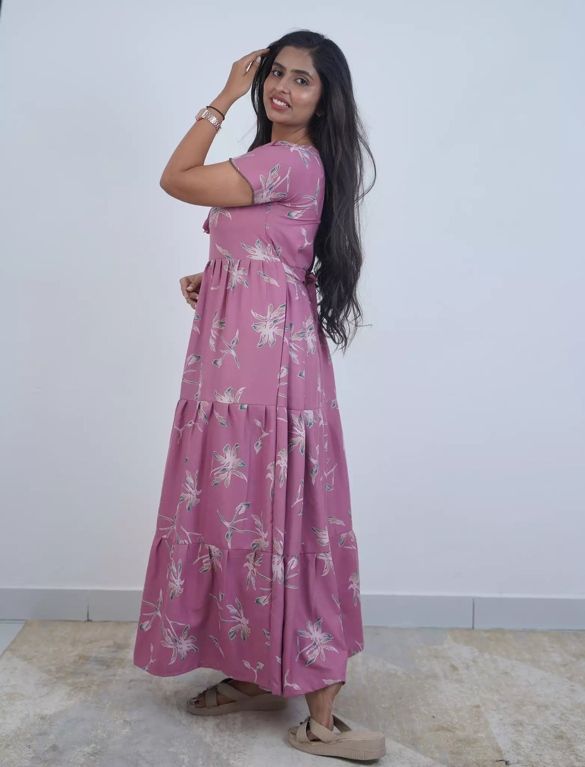 Alpine Floral Botanical Print 3-Layer Frock with Petal Sleeves - Mangai Nighties