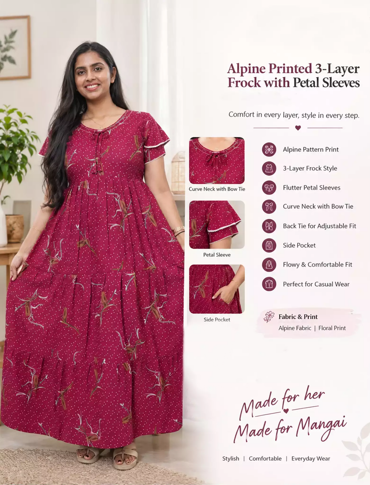 Alpine Floral Print Double Layer Sleeve Frock Style with Back Tie - Mangai Nighties