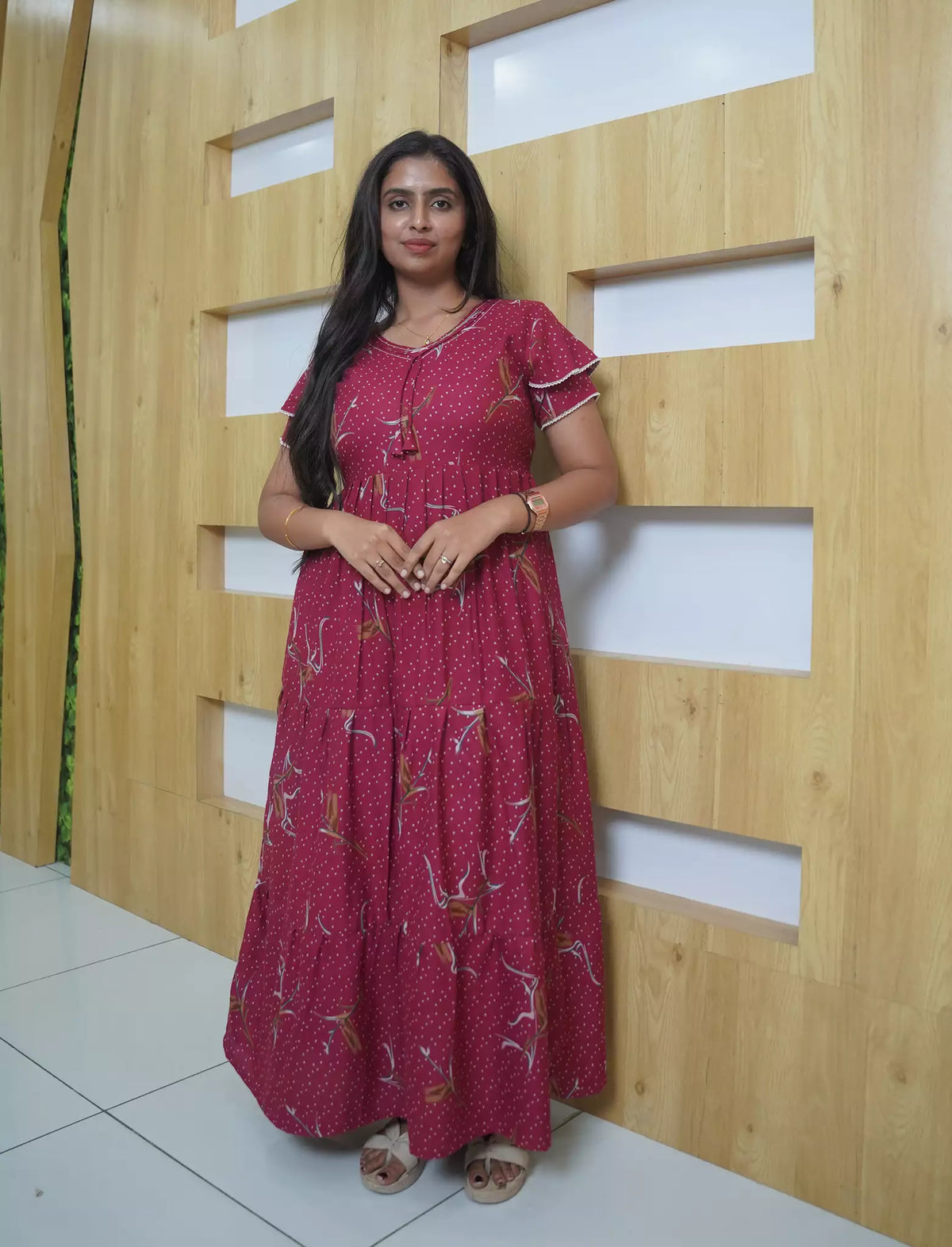 Alpine Floral Print Double Layer Sleeve Frock Style with Back Tie - Mangai Nighties