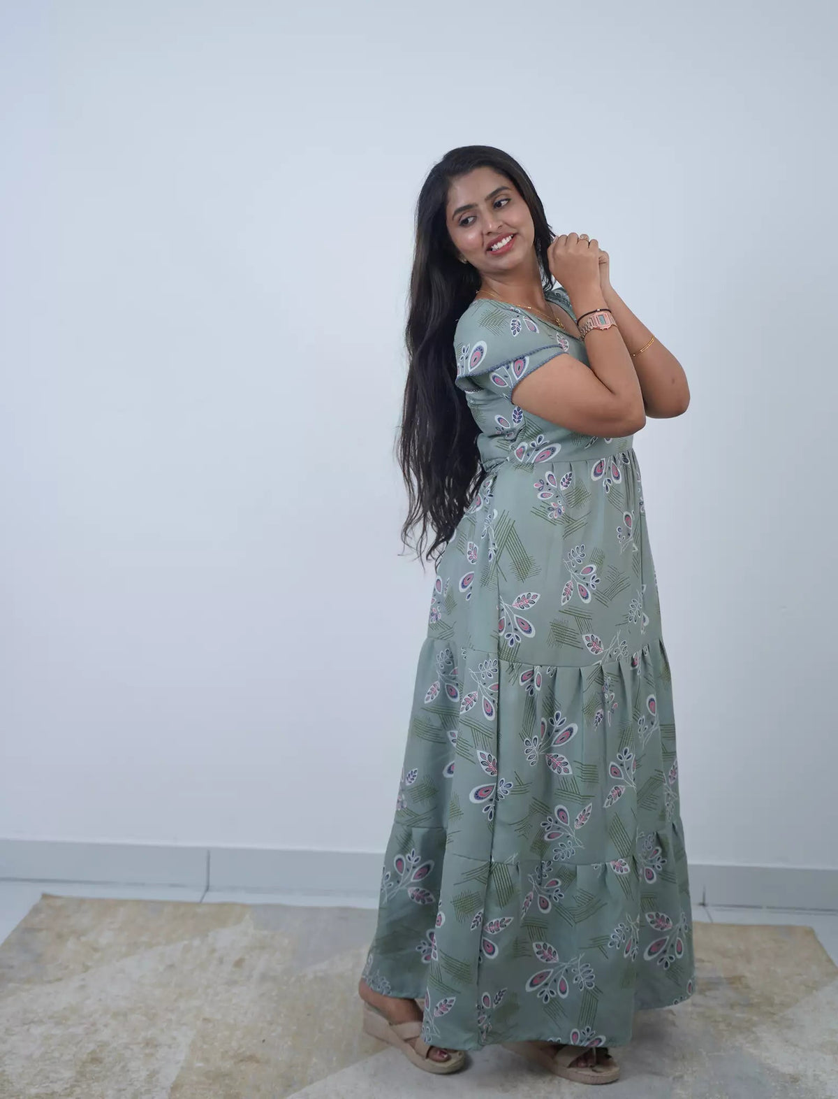 Alpine Abstract Floral Print 3-Layer Frock with Pocket - Mangai Nighties