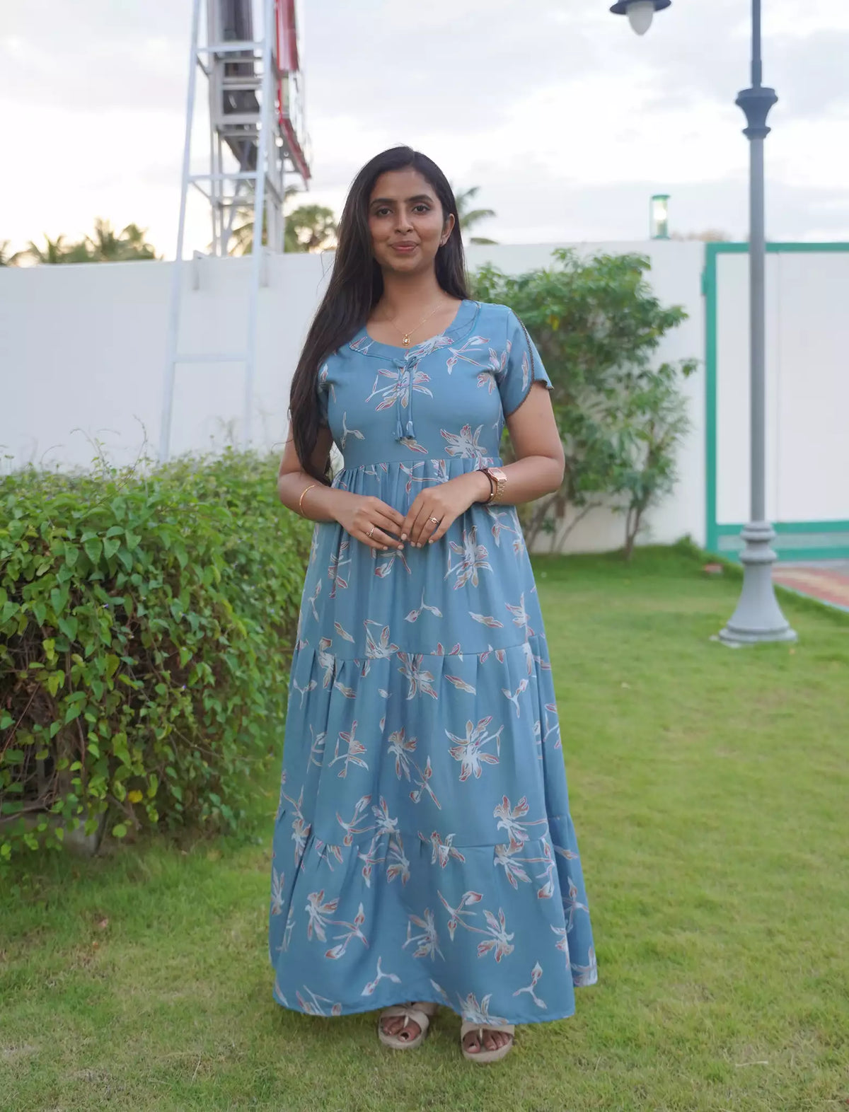 Alpine Floral Botanical Print 3-Layer Frock with Petal Sleeves - Mangai Nighties