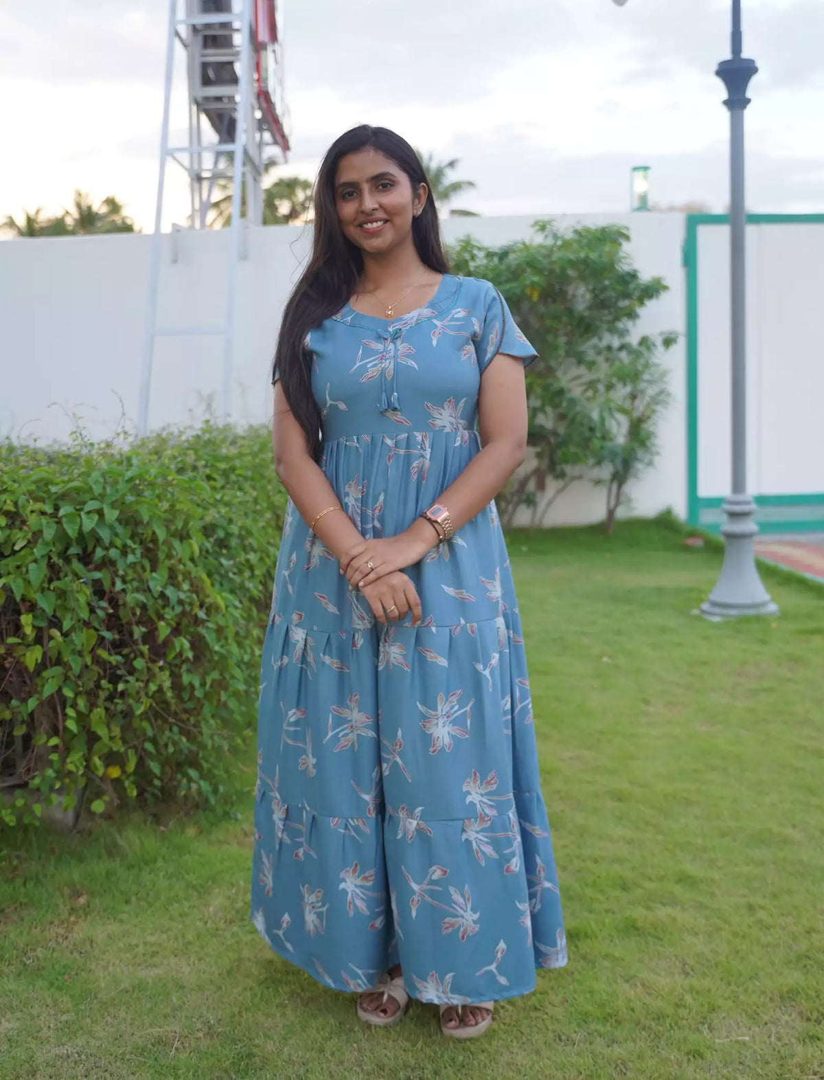 Alpine Floral Botanical Print 3-Layer Frock with Petal Sleeves - Mangai Nighties
