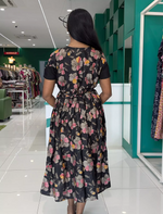Rayon Zipless Maxi Frock Black Floral Short Sleeve with Back Tie - Mangai Nighties