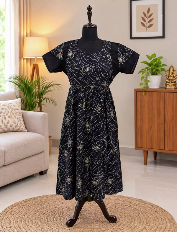 Rayon Zipless Maxi Frock with Line Print Back Tie - Mangai Nighties