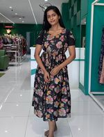 Rayon Zipless Maxi Frock Black Floral Short Sleeve with Back Tie - Mangai Nighties