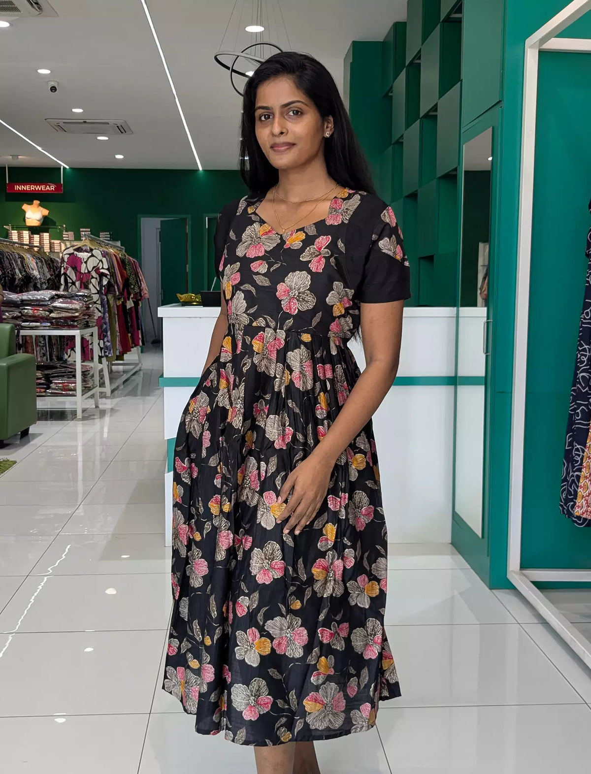 Rayon Zipless Maxi Frock Black Floral Short Sleeve with Back Tie - Mangai Nighties