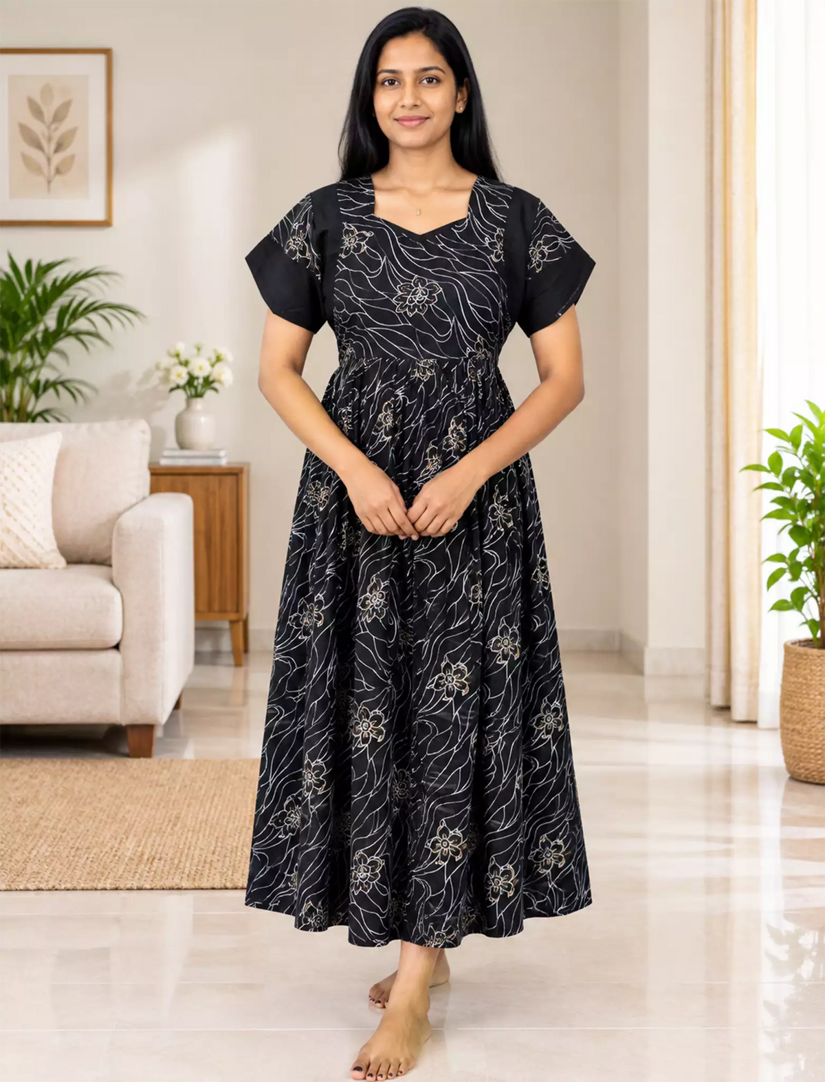 Rayon Zipless Maxi Frock with Line Print Back Tie - Mangai Nighties
