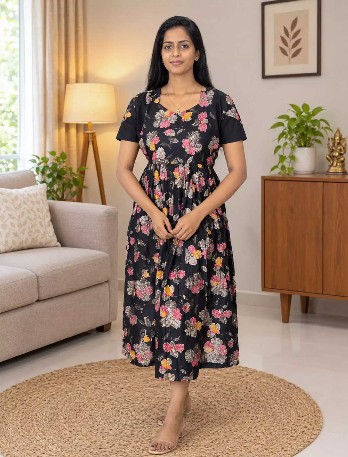 Rayon Zipless Maxi Frock Black Floral Short Sleeve with Back Tie - Mangai Nighties