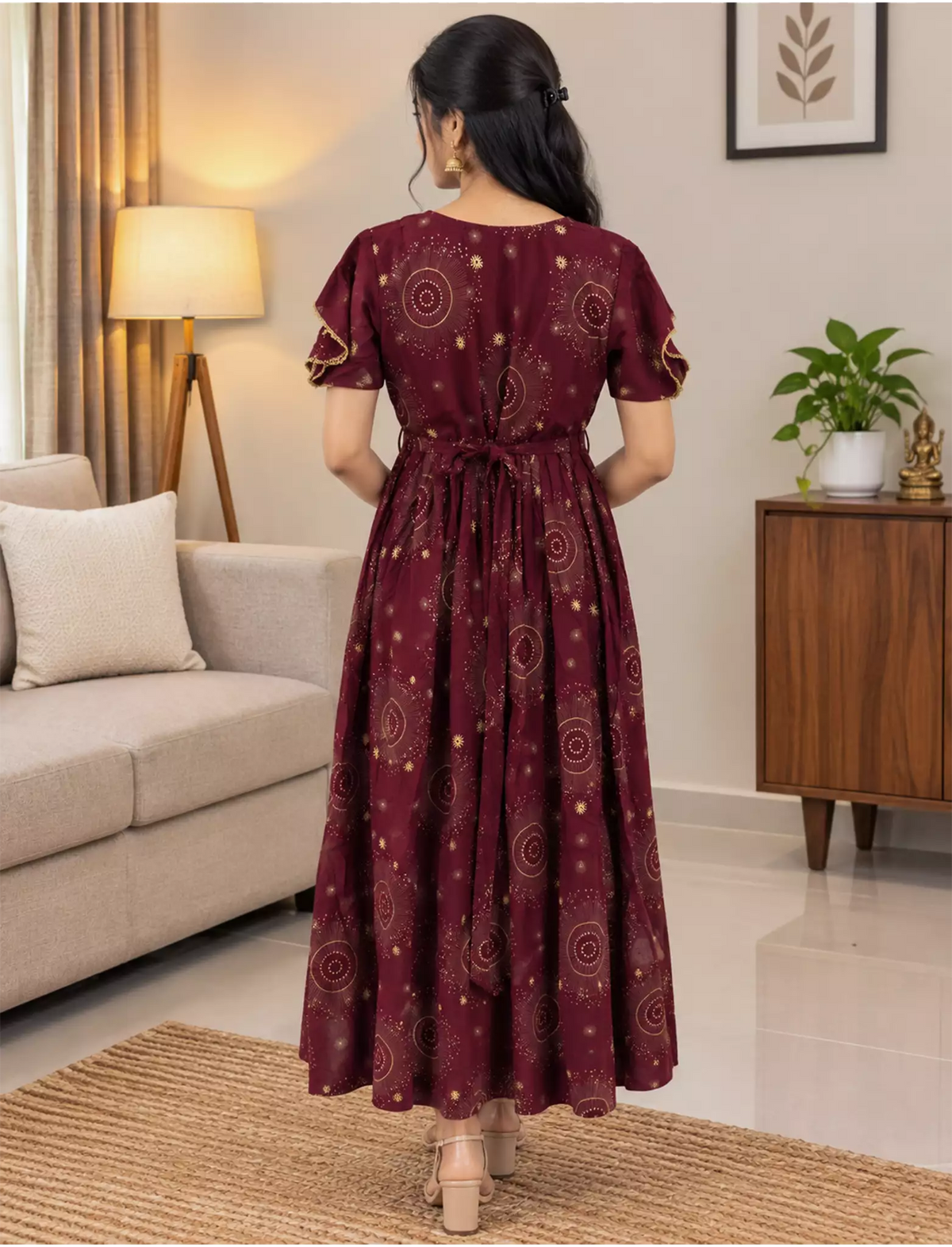 Rayon Zipless Maxi Frock Flutter Sleeve with Side Pocket- Mangai Nighties