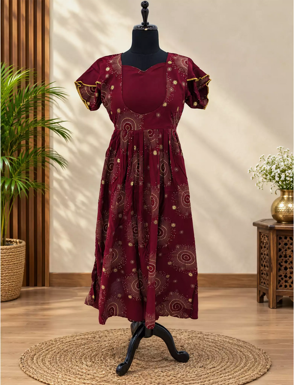 Rayon Zipless Maxi Frock Flutter Sleeve with Side Pocket- Mangai Nighties