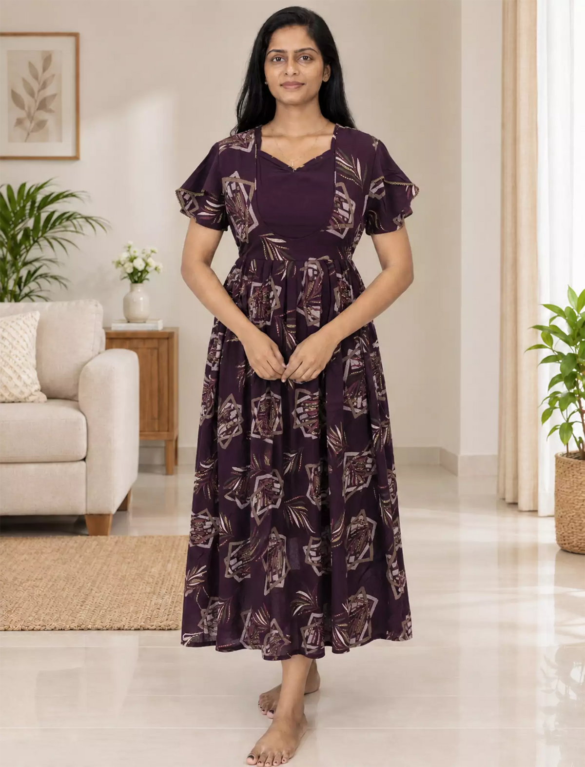 Rayon Vatican Maxi with Flutter Sleeve Back Tie Pocket Mangai Nighties