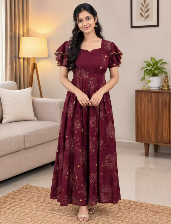 Rayon Zipless Maxi Frock Flutter Sleeve with Side Pocket- Mangai Nighties