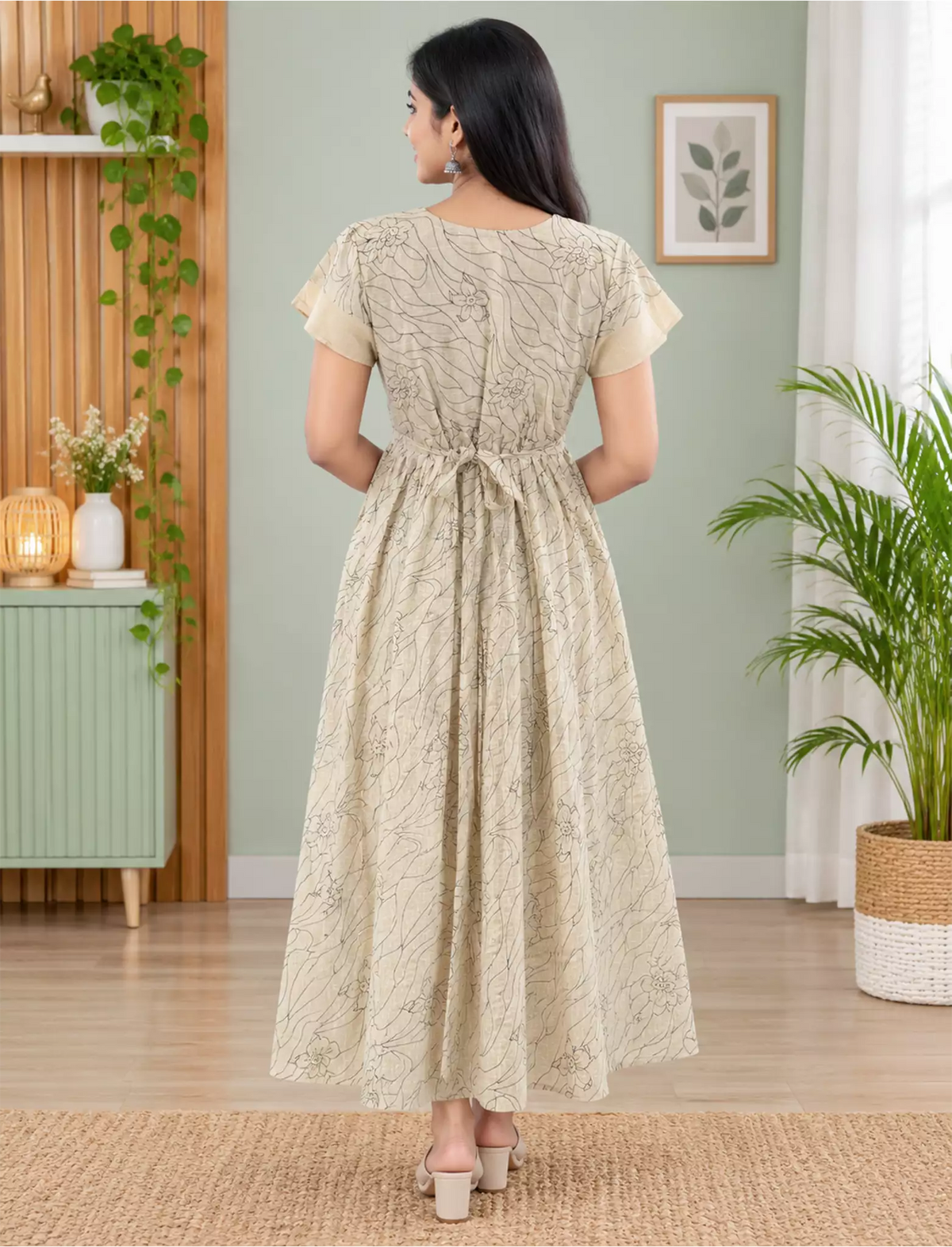 Rayon Zipless Maxi Frock with Line Print Back Tie - Mangai Nighties