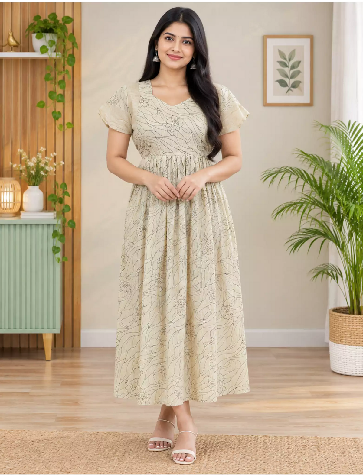 Rayon Zipless Maxi Frock with Line Print Back Tie - Mangai Nighties