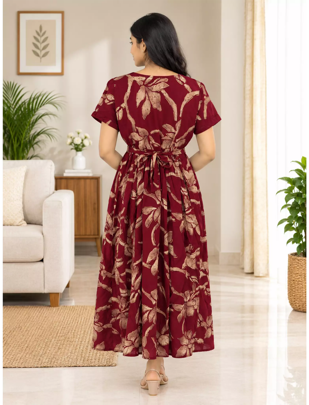 Rayon VaticanFloral Print Zipless Maxi Frock with Back Tie - Mangai Nighties