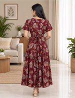 Rayon Zipless Maxi Frock Black Floral Short Sleeve with Back Tie - Mangai Nighties